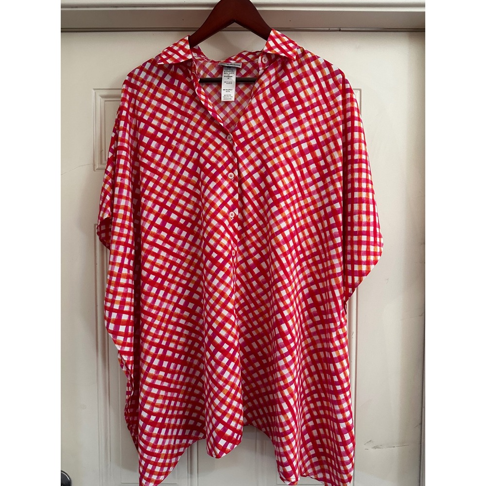 Tommy Bahama Pink & Orange Gingham Button-Front Kaftan Cover-Up (Size S/M)